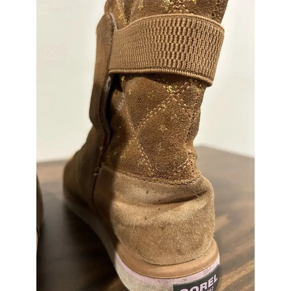 Sorel Rylee Boots Girls Sz 3‎ Waterproof Winter Suede Fleece Slip-on Brown Gold